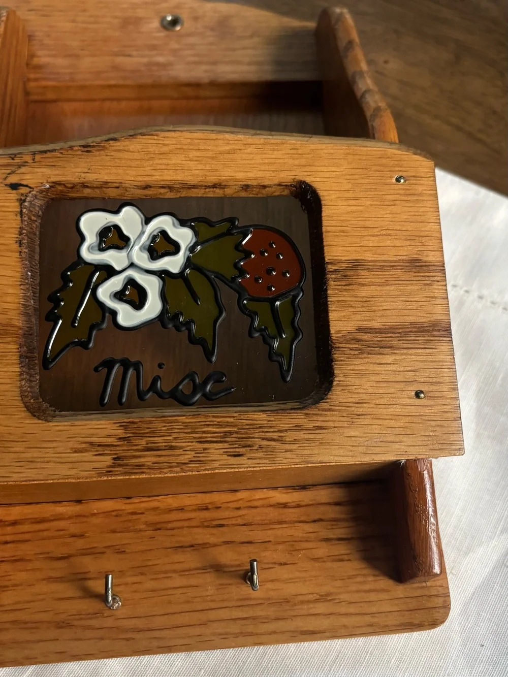 Vintage Wooden Wall Mail & Key Hanger with Strawberry Window Accents Cottagecore
